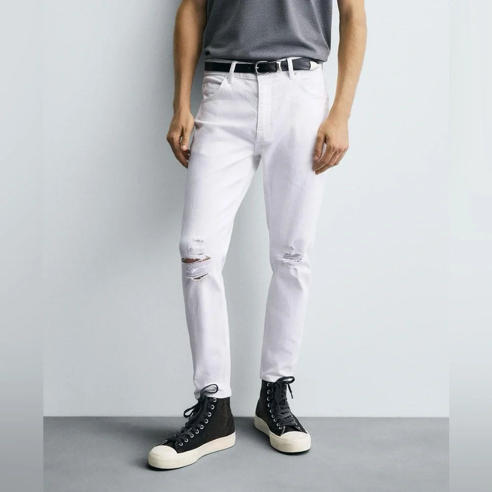 Zara Men's Distressed Ripped Skinny Jeans White 31x30